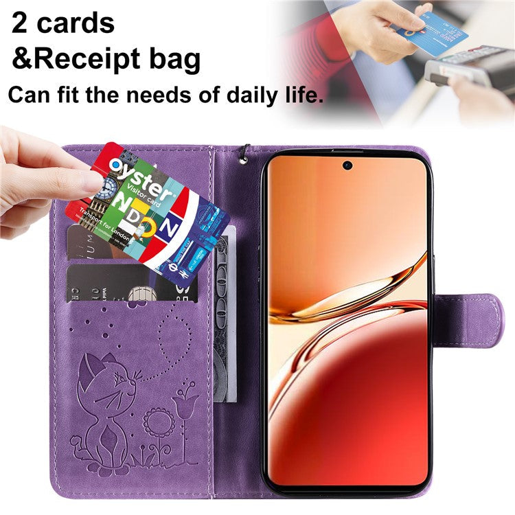 KT Imprinting Flower Series-4 For Oppo Reno12 F 4G Case Leather Wallet Stand Phone Cover Cat Bee Pattern - Light Purple