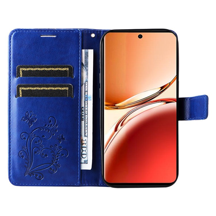 KT Imprinting Flower Series-2 For Oppo Reno12 F 4G Case Wallet Flip Leather Butterfly Phone Cover - Blue