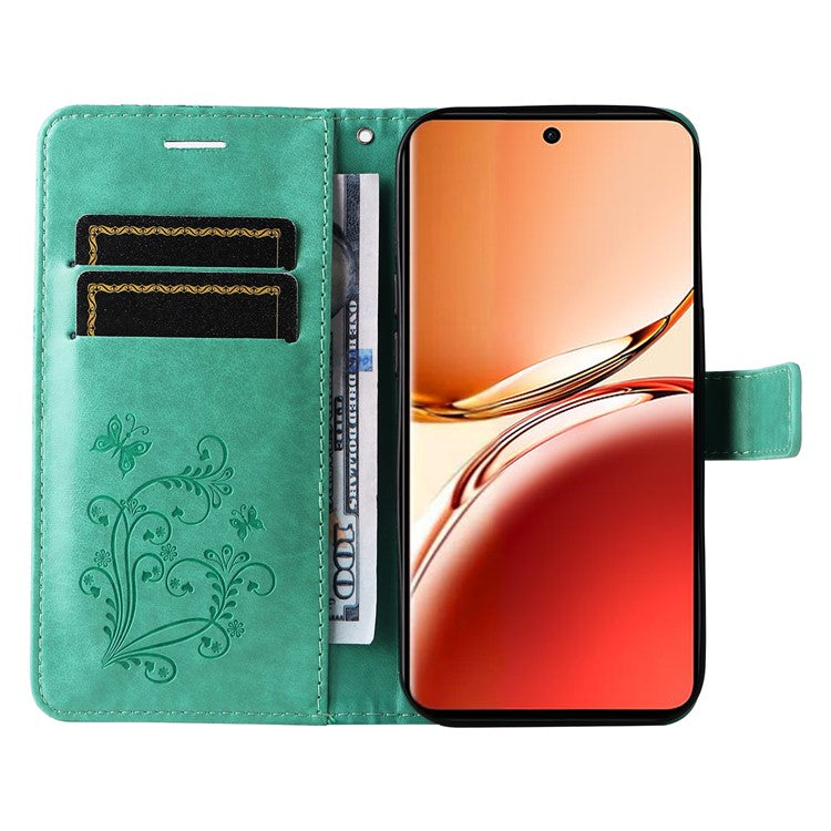 KT Imprinting Flower Series-2 For Oppo Reno12 F 4G Case Wallet Flip Leather Butterfly Phone Cover - Green