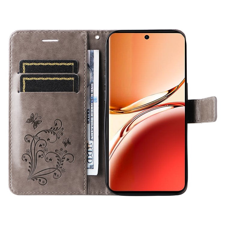 KT Imprinting Flower Series-2 For Oppo Reno12 F 4G Case Wallet Flip Leather Butterfly Phone Cover - Grey