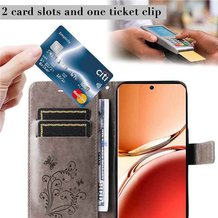 KT Imprinting Flower Series-2 For Oppo Reno12 F 4G Case Wallet Flip Leather Butterfly Phone Cover - Grey