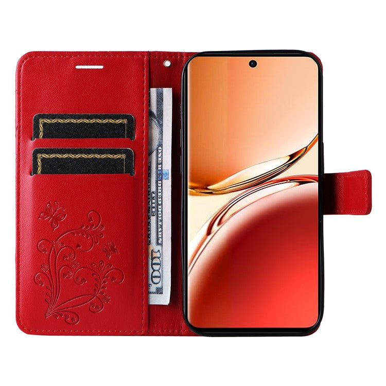 KT Imprinting Flower Series-2 For Oppo Reno12 F 4G Case Wallet Flip Leather Butterfly Phone Cover - Red