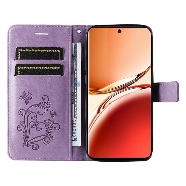 KT Imprinting Flower Series-2 For Oppo Reno12 F 4G Case Wallet Flip Leather Butterfly Phone Cover - Light Purple
