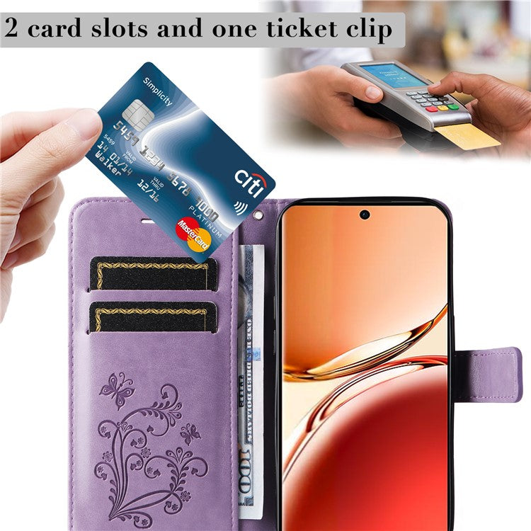 KT Imprinting Flower Series-2 For Oppo Reno12 F 4G Case Wallet Flip Leather Butterfly Phone Cover - Light Purple