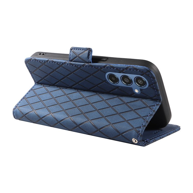 For Samsung Galaxy M35 5G Case Leather Folio Wallet Phone Cover Rhombus Lattice - Blue