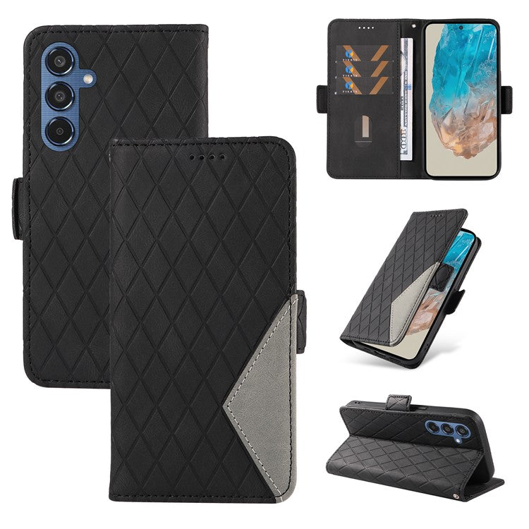 For Samsung Galaxy M35 5G Case Leather Folio Wallet Phone Cover Rhombus Lattice - Black
