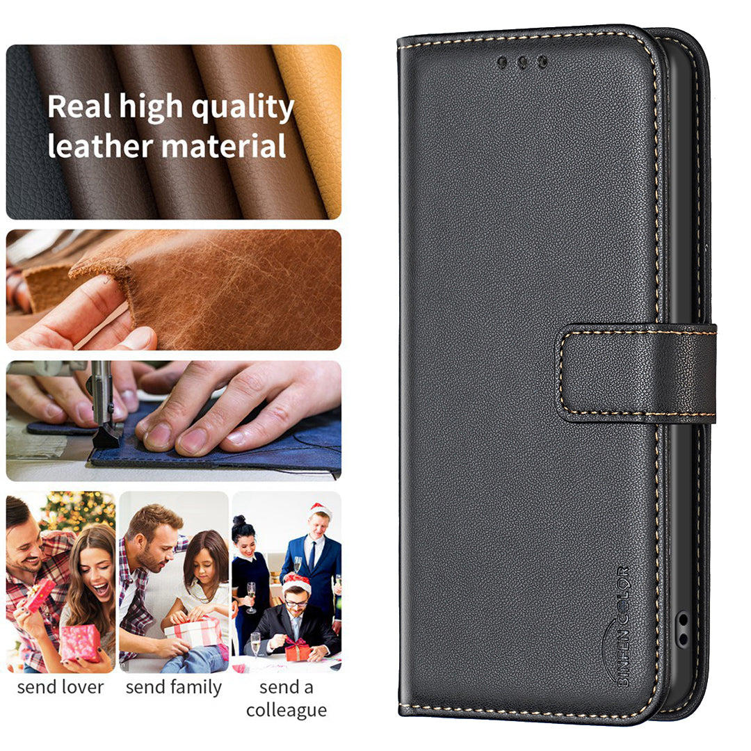 BINFEN COLOR BF17 For Samsung Galaxy A16 5G / A16 4G Leather Case 3 Card Slots Wallet Phone Cover - Black