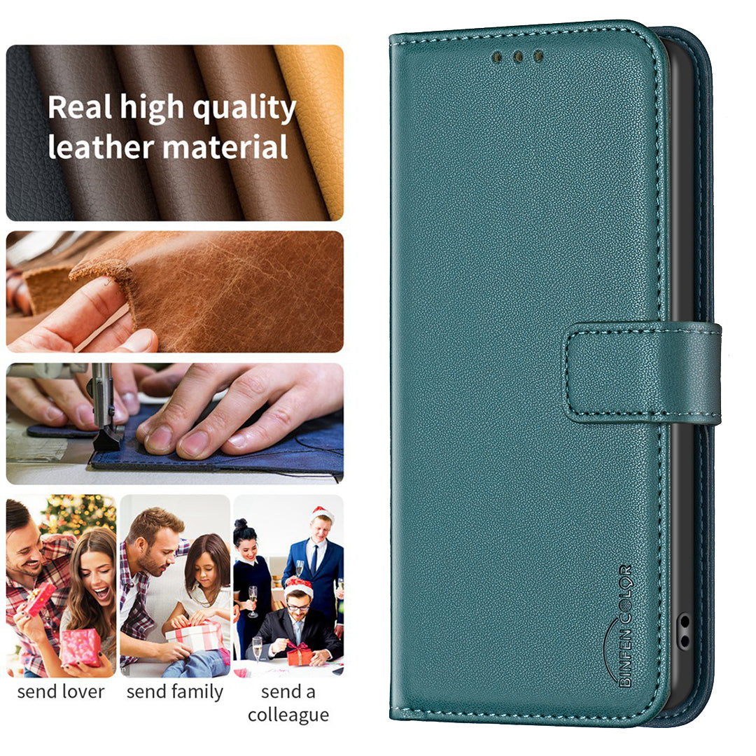 BINFEN COLOR BF17 For Samsung Galaxy A16 5G / A16 4G Leather Case 3 Card Slots Wallet Phone Cover - Green