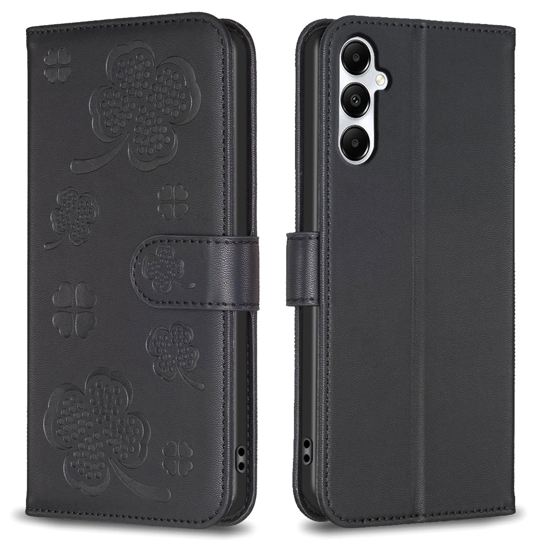 For Samsung Galaxy A16 5G / A16 4G Case Clover Pattern Wallet Stand View Leather Phone Cover - Black