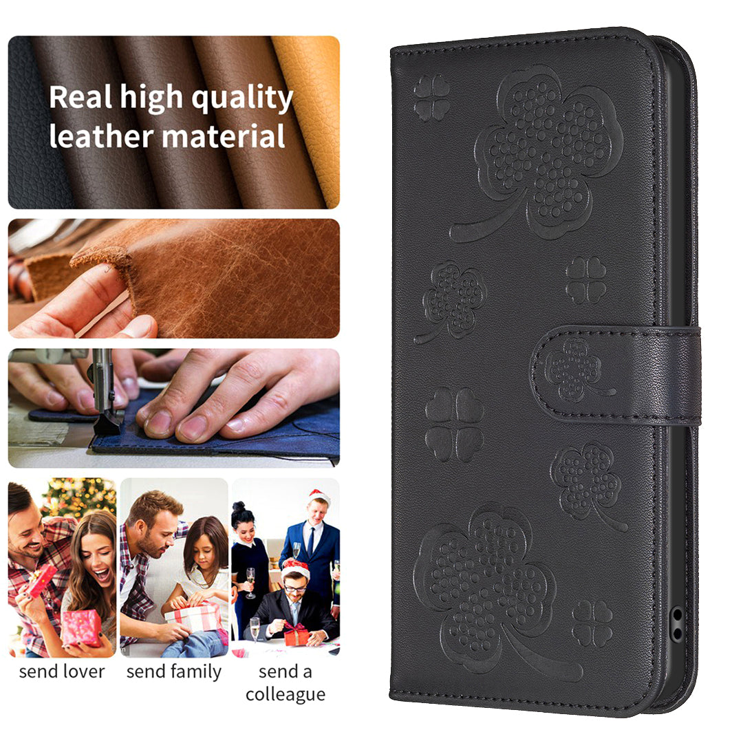 For Samsung Galaxy A16 5G / A16 4G Case Clover Pattern Wallet Stand View Leather Phone Cover - Black