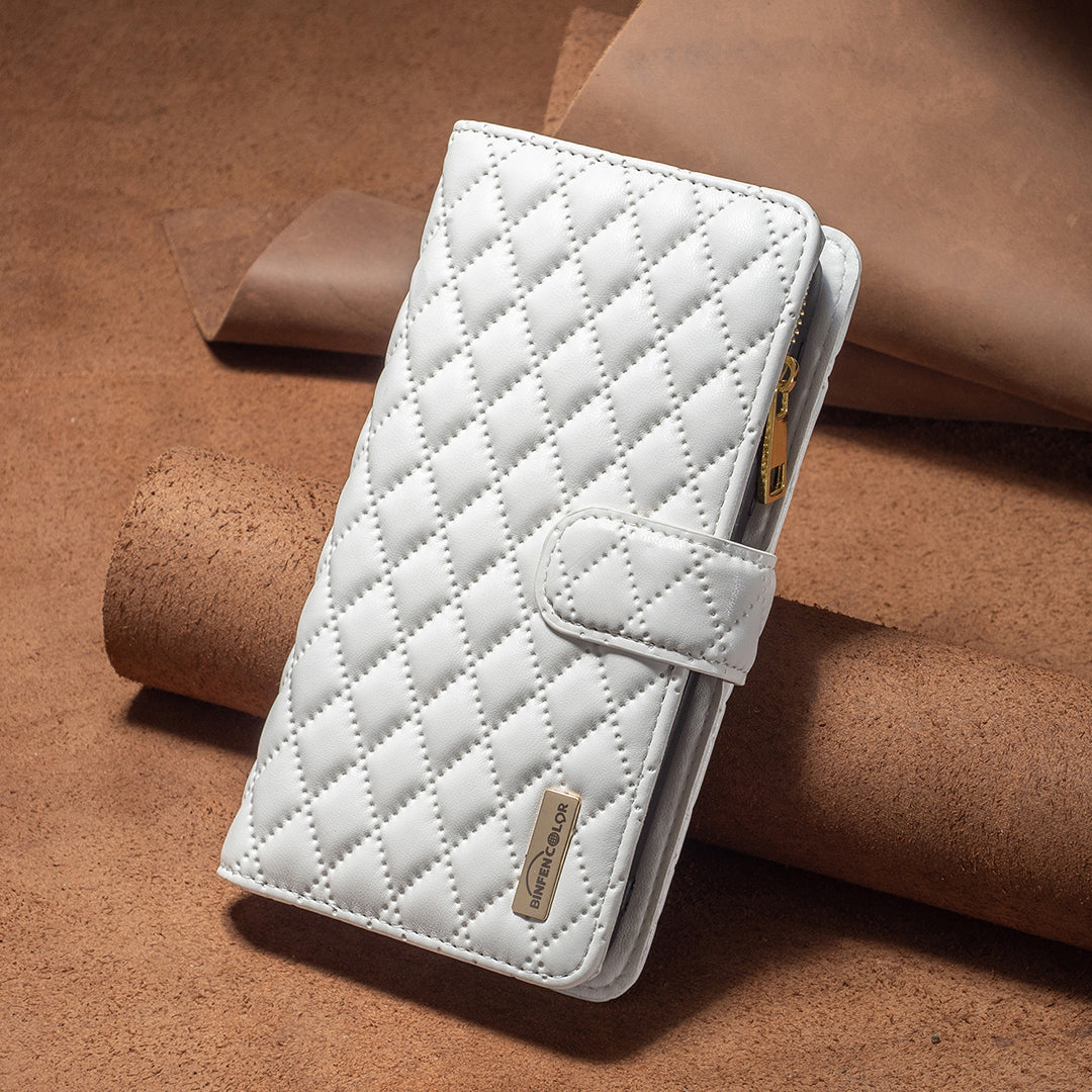 BINFEN COLOR BF Style-15 For Samsung Galaxy A16 5G / A16 4G Leather Case Zipper Pocket Rhombus Phone Cover - White