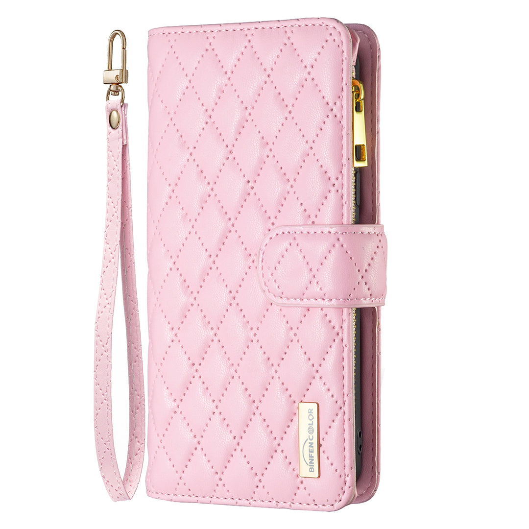 BINFEN COLOR BF Style-15 For Samsung Galaxy A16 5G / A16 4G Leather Case Zipper Pocket Rhombus Phone Cover - Pink