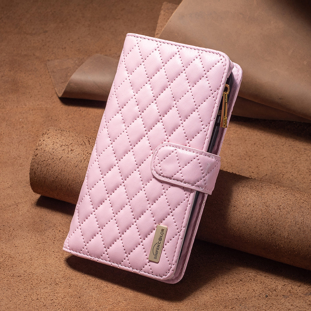 BINFEN COLOR BF Style-15 For Samsung Galaxy A16 5G / A16 4G Leather Case Zipper Pocket Rhombus Phone Cover - Pink