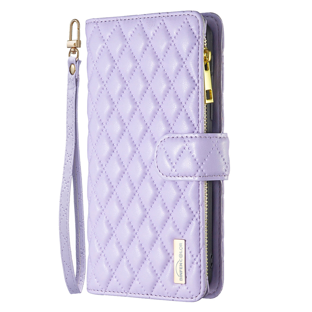 BINFEN COLOR BF Style-15 For Samsung Galaxy A16 5G / A16 4G Leather Case Zipper Pocket Rhombus Phone Cover - Purple