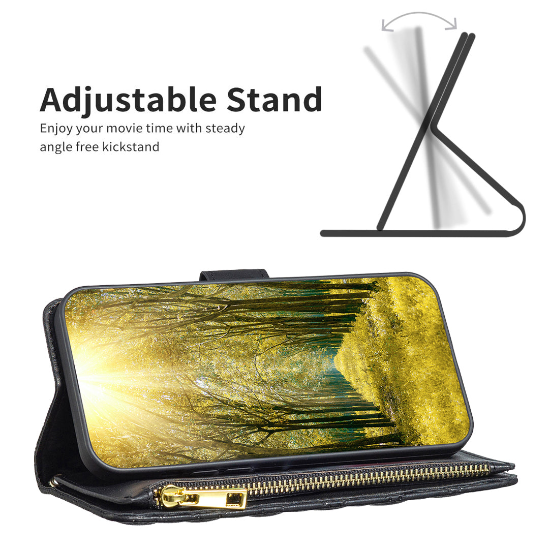 BINFEN COLOR BF Style-15 For Samsung Galaxy A16 5G / A16 4G Leather Case Zipper Pocket Rhombus Phone Cover - Black