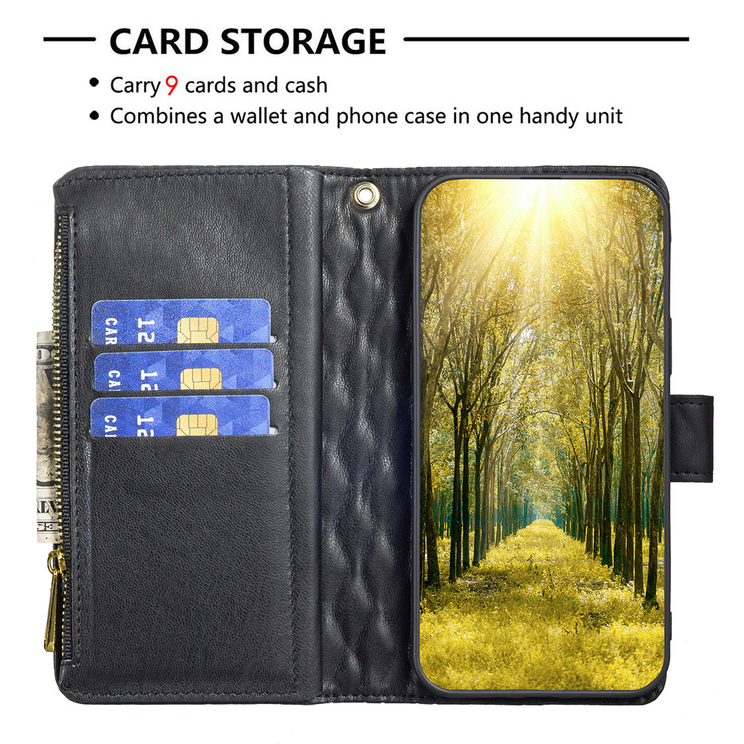 BINFEN COLOR BF Style-15 For Samsung Galaxy A16 5G / A16 4G Leather Case Zipper Pocket Rhombus Phone Cover - Black