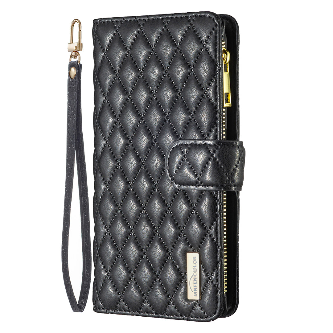 BINFEN COLOR BF Style-15 For Samsung Galaxy A16 5G / A16 4G Leather Case Zipper Pocket Rhombus Phone Cover - Black