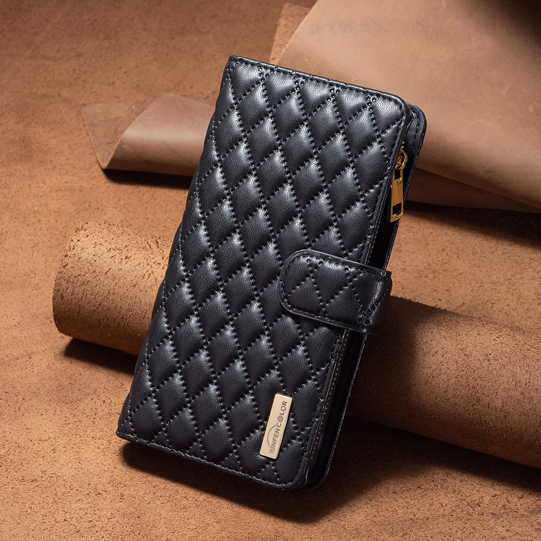 BINFEN COLOR BF Style-15 For Samsung Galaxy A16 5G / A16 4G Leather Case Zipper Pocket Rhombus Phone Cover - Black