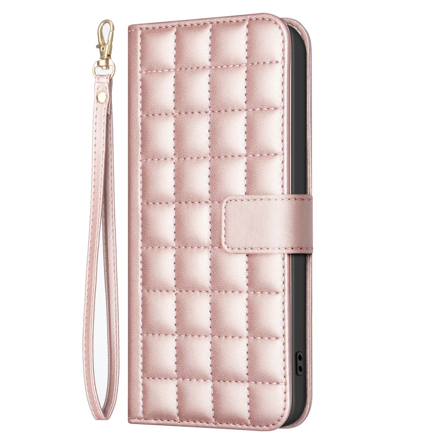 BINFEN COLOR BF34 for Samsung Galaxy A16 5G / A16 4G Leather Case Wallet Square Grid Phone Cover - Rose Gold