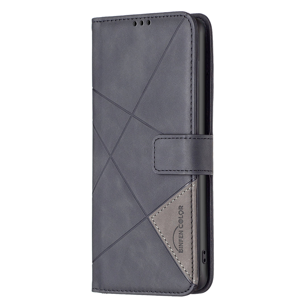 BINFEN COLOR BF05 For Samsung Galaxy A16 5G / A16 4G Case Geometry Line PU Leather Phone Cover - Black
