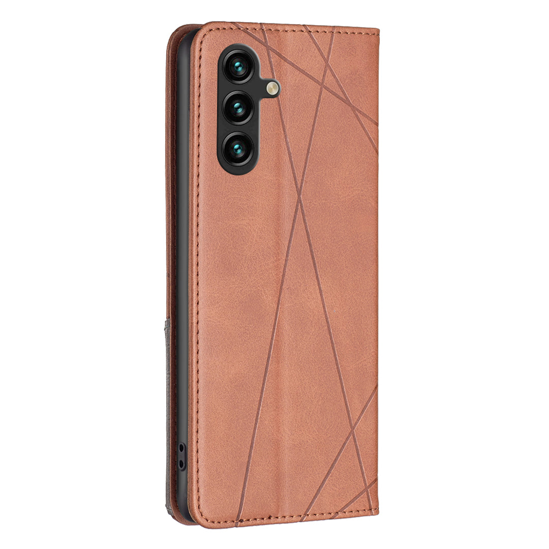 For Samsung Galaxy A16 5G / A16 4G Case Card Slots Geometry Imprint Leather Phone Cover - Brown