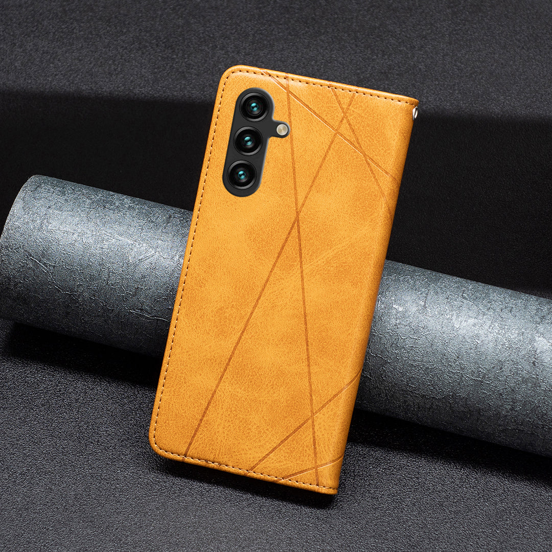 For Samsung Galaxy A16 5G / A16 4G Case Card Slots Geometry Imprint Leather Phone Cover - Yellow