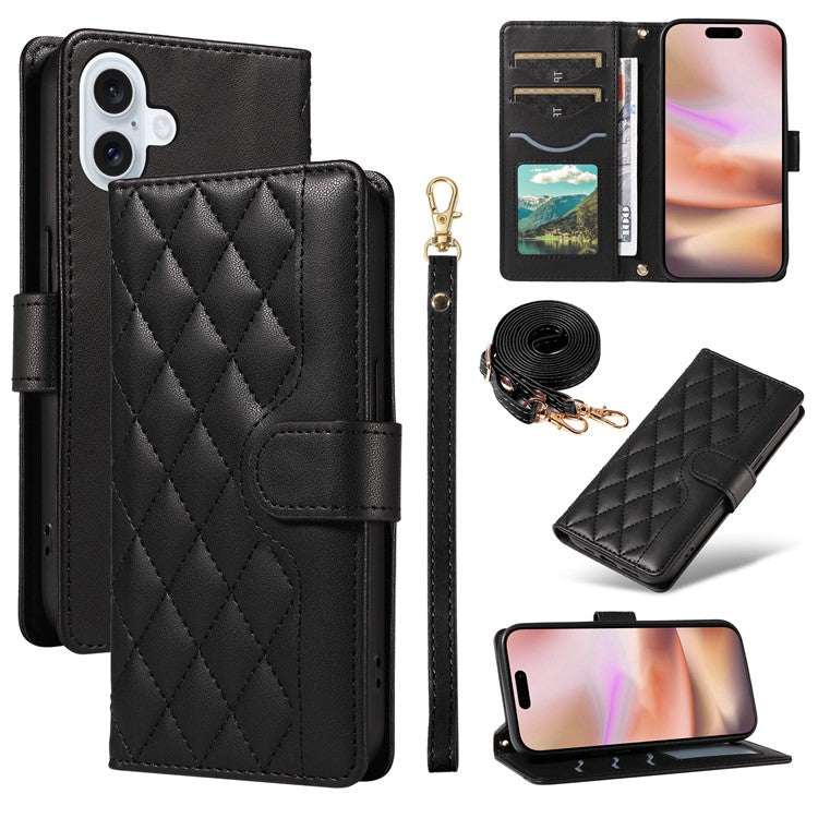 For iPhone 16 Plus Case Wallet Rhombus Leather Handbag Phone Cover with Shoulder Lanyard - Black