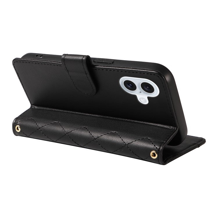 For iPhone 16 Plus Case Wallet Rhombus Leather Handbag Phone Cover with Shoulder Lanyard - Black