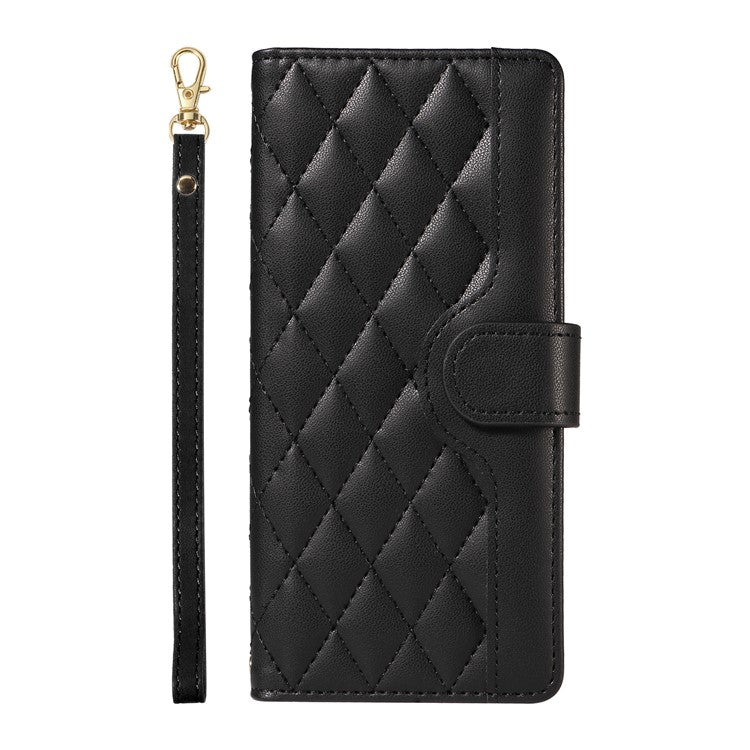 For iPhone 16 Plus Case Wallet Rhombus Leather Handbag Phone Cover with Shoulder Lanyard - Black