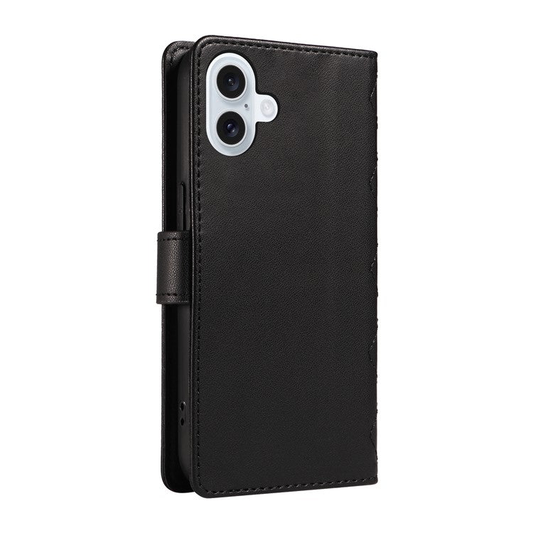 For iPhone 16 Plus Case Wallet Rhombus Leather Handbag Phone Cover with Shoulder Lanyard - Black