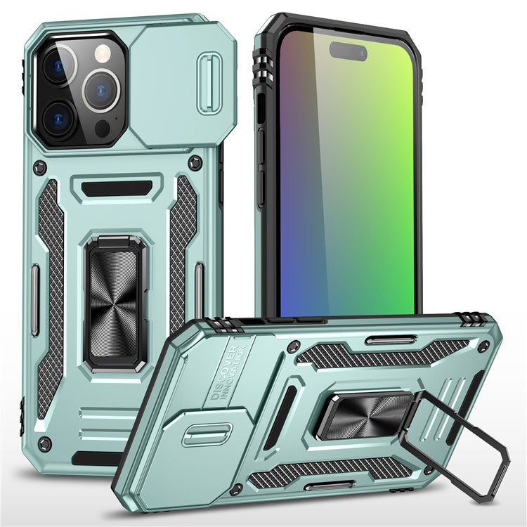Armor Series For iPhone 16 Pro Case Slide Lens Lid PC+TPU Anti-Drop Kickstand Phone Cover - Green