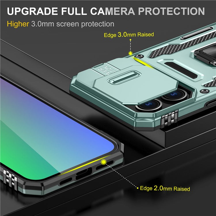 Armor Series For iPhone 16 Pro Case Slide Lens Lid PC+TPU Anti-Drop Kickstand Phone Cover - Green