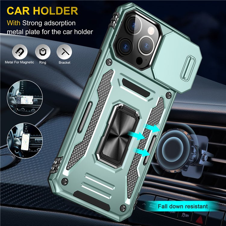 Armor Series For iPhone 16 Pro Case Slide Lens Lid PC+TPU Anti-Drop Kickstand Phone Cover - Green