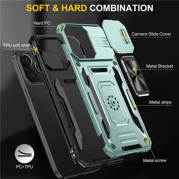 Armor Series For iPhone 16 Pro Case Slide Lens Lid PC+TPU Anti-Drop Kickstand Phone Cover - Green