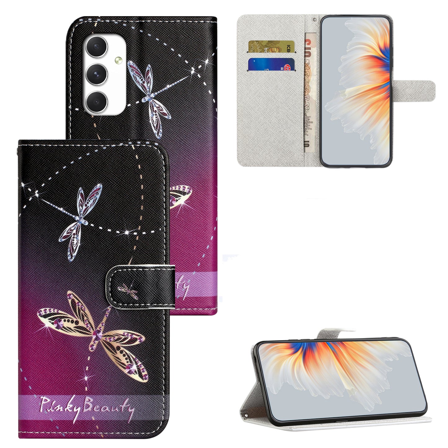 For Samsung Galaxy A16 5G / A16 4G Case Pattern Print PU Leather Wallet Phone Cover Cross Texture - Dragonfly