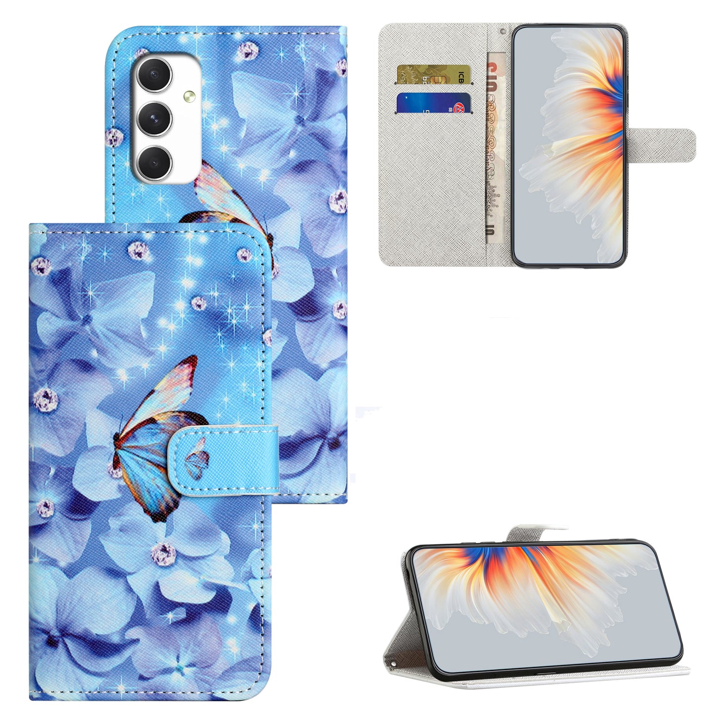 For Samsung Galaxy A16 5G / A16 4G Case Pattern Print PU Leather Wallet Phone Cover Cross Texture - Flower and Butterfly