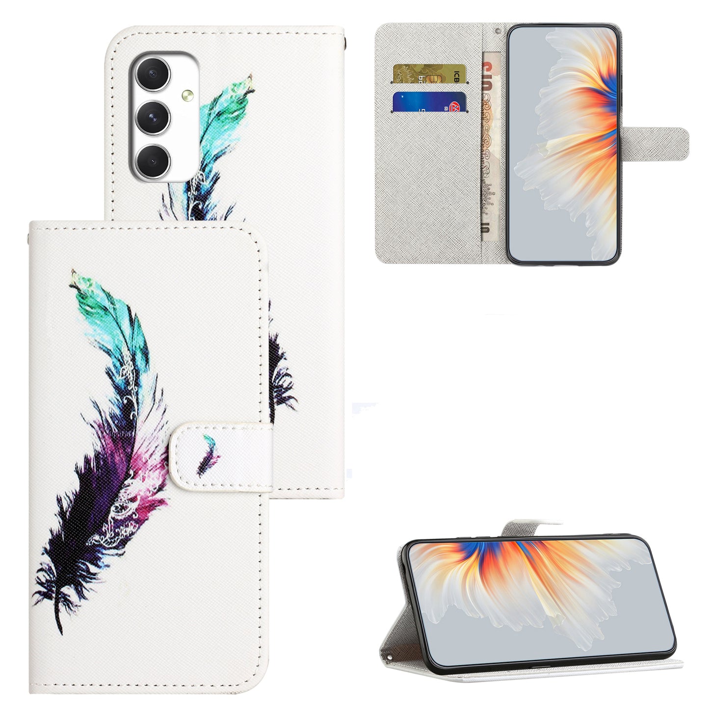 For Samsung Galaxy A16 5G / A16 4G Case Pattern Print PU Leather Wallet Phone Cover Cross Texture - Feather
