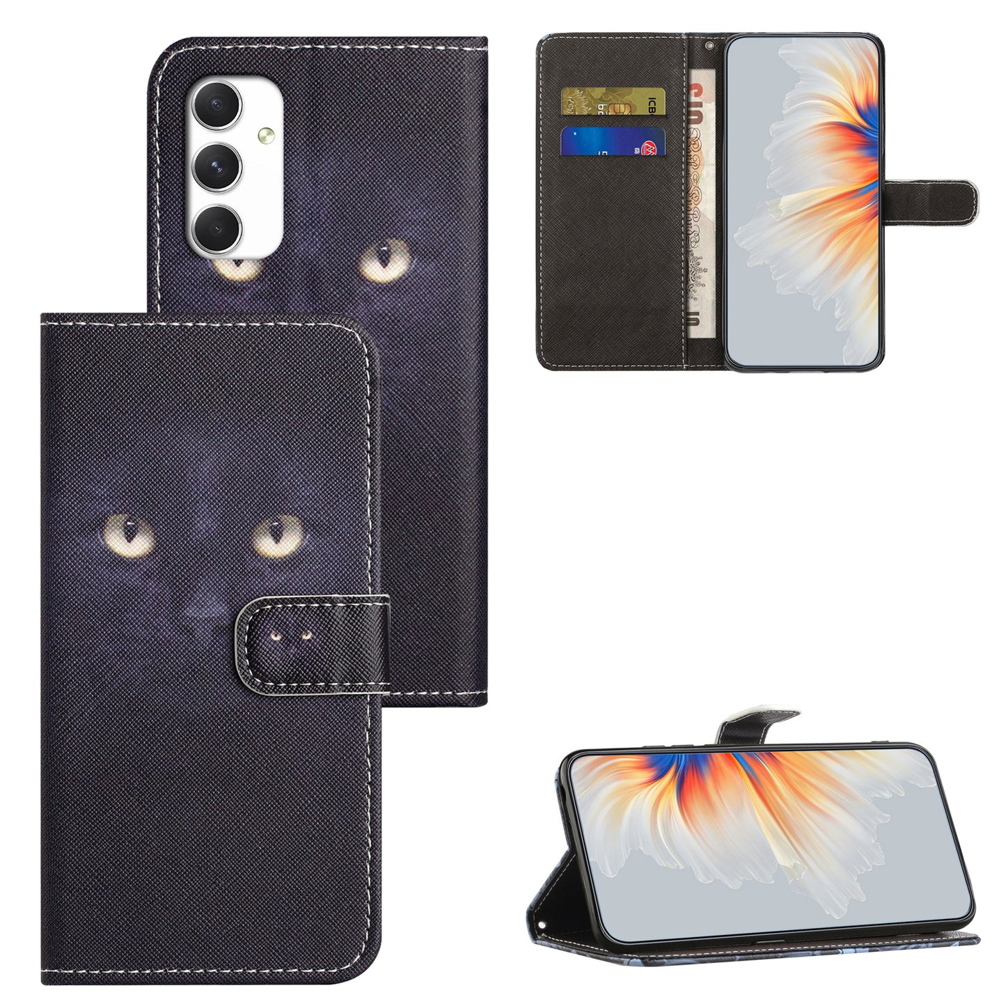For Samsung Galaxy A16 5G / A16 4G Case Pattern Print PU Leather Wallet Phone Cover Cross Texture - Cat's Eye