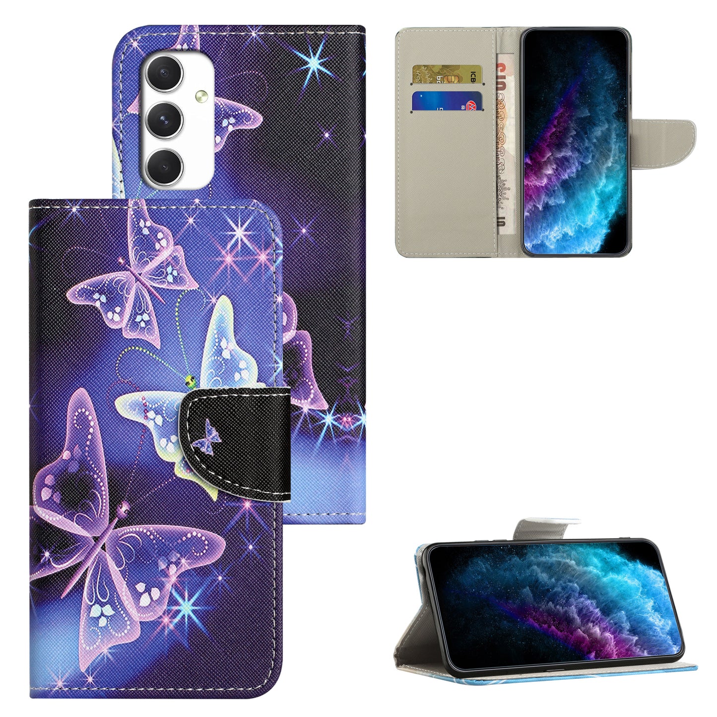 For Samsung Galaxy A16 5G / A16 4G Case Cross Texture Leather Phone Cover Pattern Printing - Sparkling Butterfly