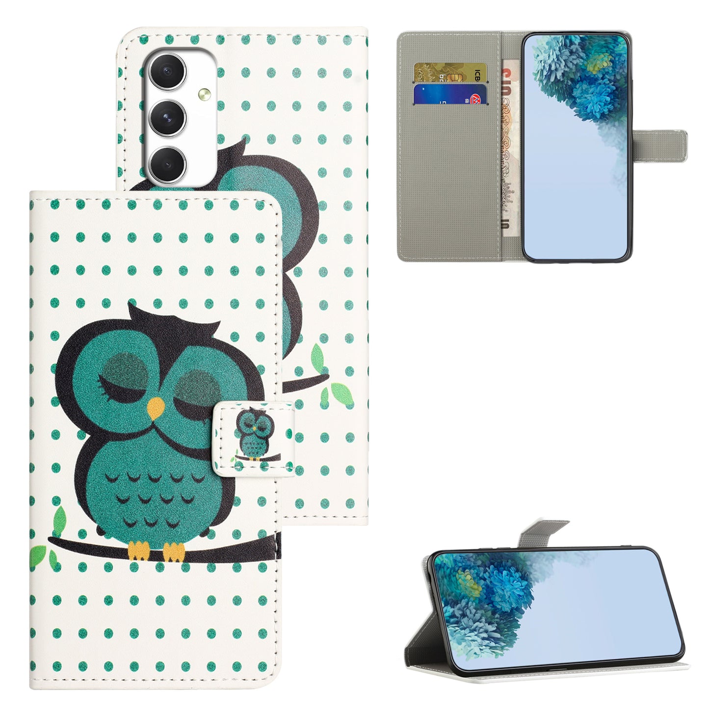 For Samsung Galaxy A16 5G / A16 4G Case Pattern Print PU Leather Wallet Phone Cover - Dots Owl