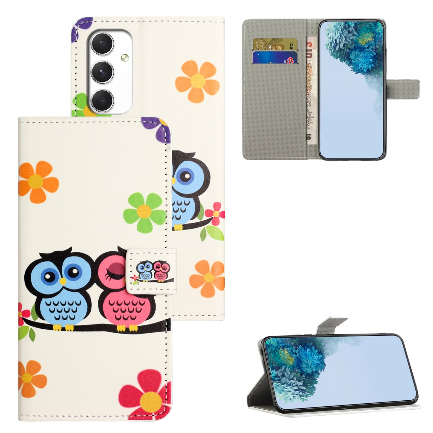 For Samsung Galaxy A16 5G / A16 4G Case Pattern Print PU Leather Wallet Phone Cover - Couple Owls
