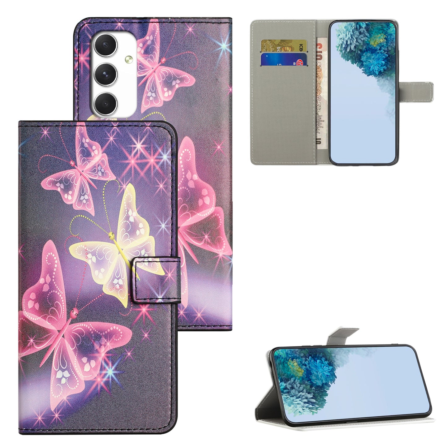 For Samsung Galaxy A16 5G / A16 4G Case Pattern Print PU Leather Wallet Phone Cover - Sparkle Butterflies
