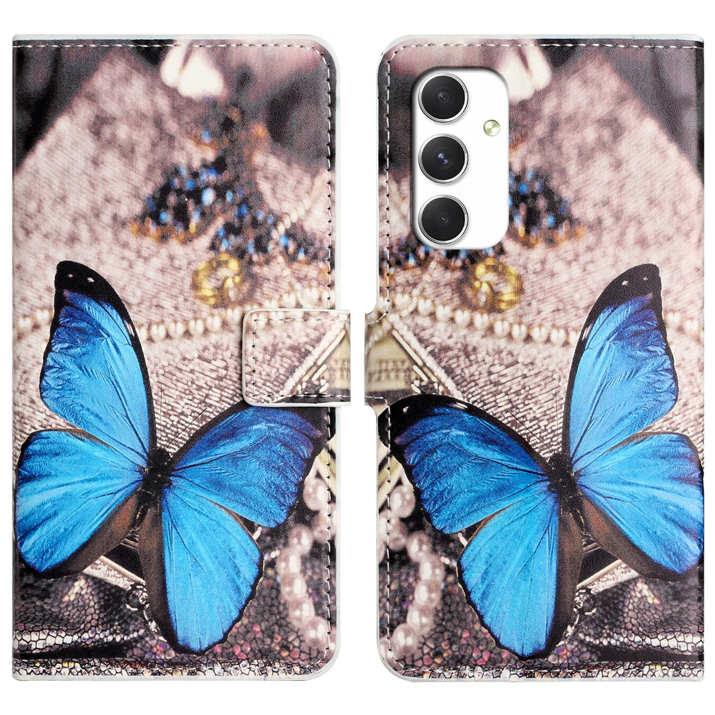 For Samsung Galaxy A16 5G / A16 4G Case Pattern Print PU Leather Wallet Phone Cover - Blue Butterfly