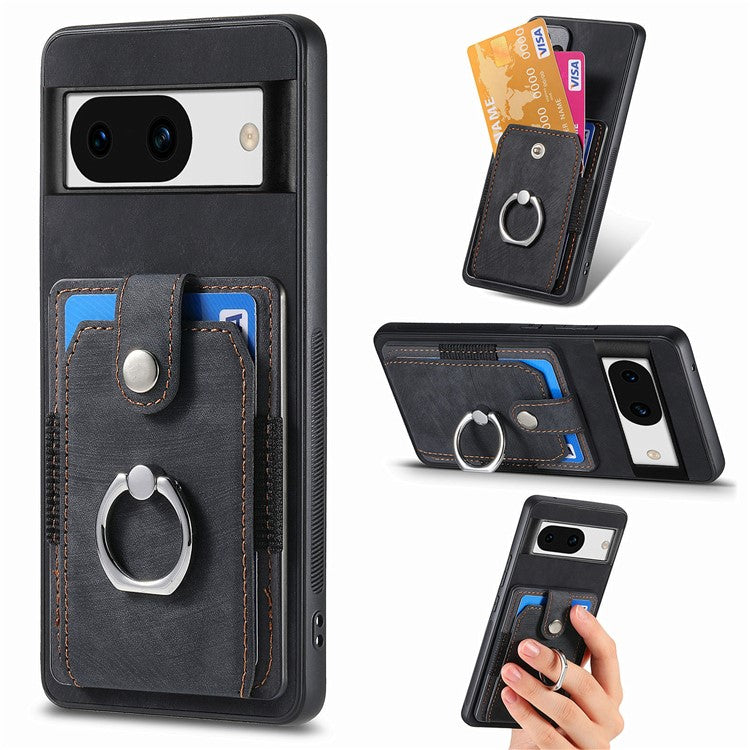 D2 for Google Pixel 8a Case Leather Coated TPU Ring Kickstand Phone Cover with Card Slots - Black