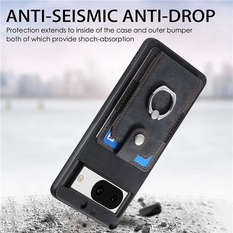 D2 for Google Pixel 8a Case Leather Coated TPU Ring Kickstand Phone Cover with Card Slots - Black