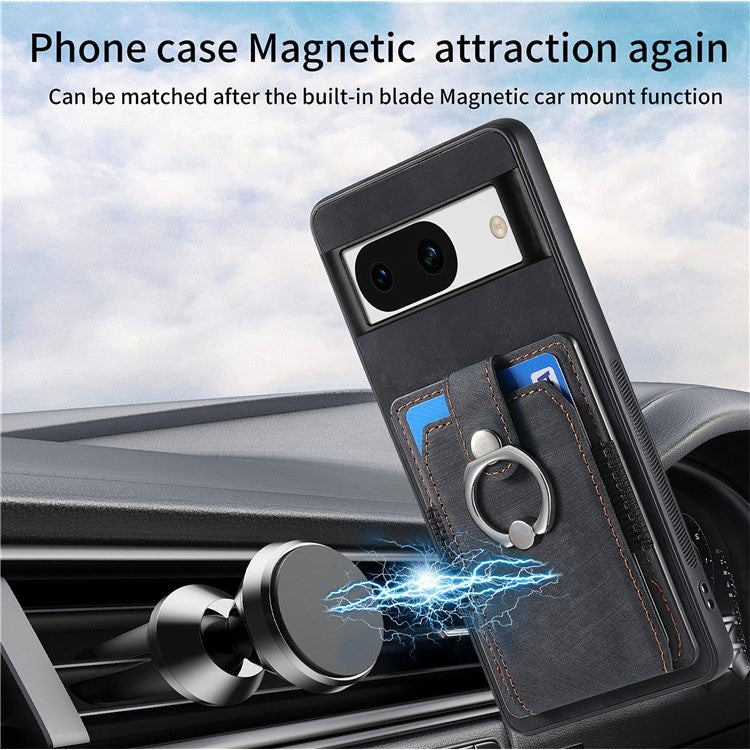 D2 for Google Pixel 8a Case Leather Coated TPU Ring Kickstand Phone Cover with Card Slots - Black