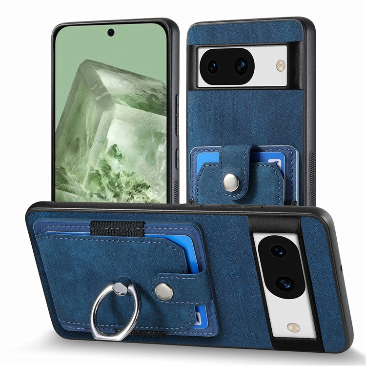 D2 for Google Pixel 8a Case Leather Coated TPU Ring Kickstand Phone Cover with Card Slots - Blue