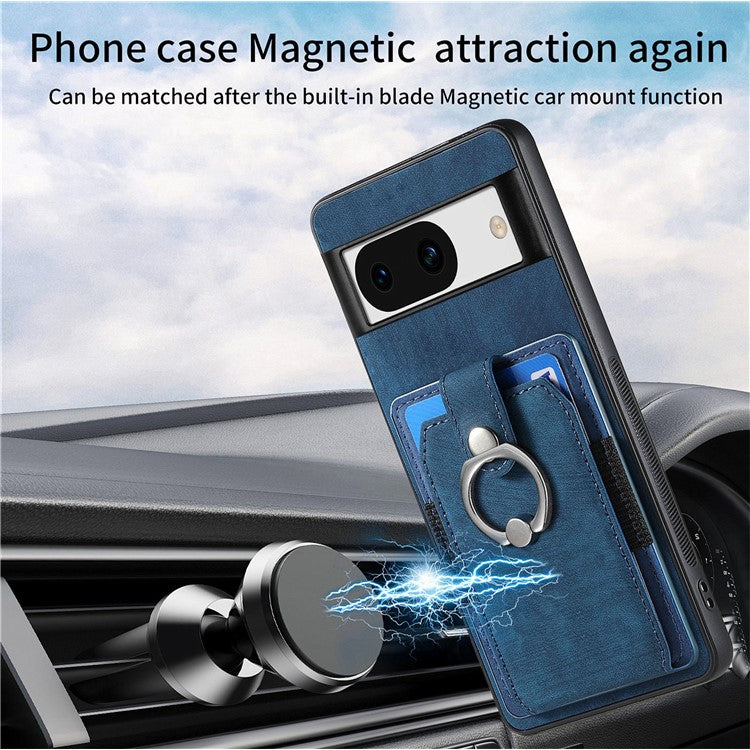 D2 for Google Pixel 8a Case Leather Coated TPU Ring Kickstand Phone Cover with Card Slots - Blue