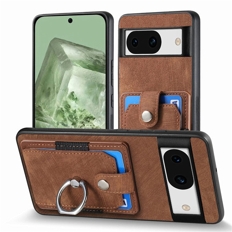 D2 for Google Pixel 8a Case Leather Coated TPU Ring Kickstand Phone Cover with Card Slots - Brown