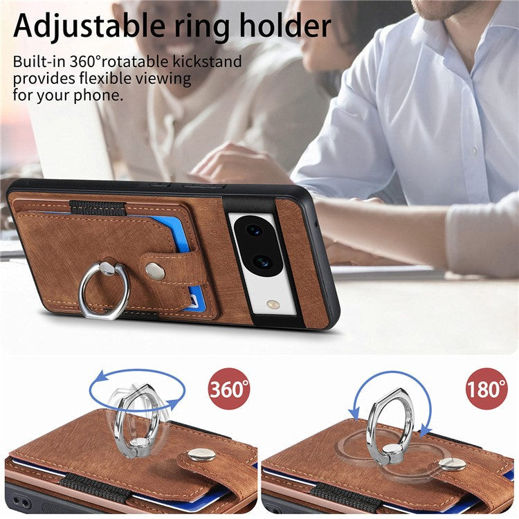 D2 for Google Pixel 8a Case Leather Coated TPU Ring Kickstand Phone Cover with Card Slots - Brown